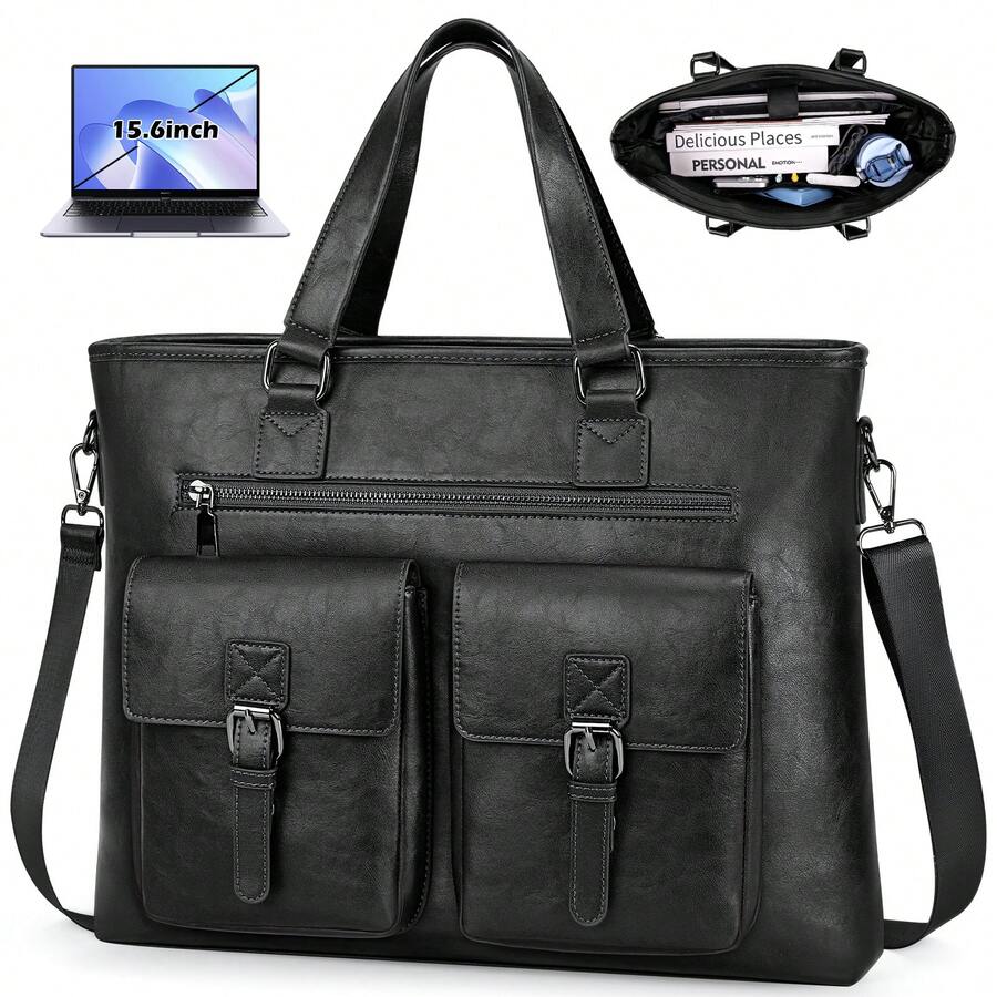 NEWHEY 男士15.6英寸公文包，PU皮革笔记本电脑包，大容量，防水，适合工作、商务和旅行 - 彩色 - 查看 1