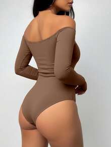 ChicMe Women's Off-Shoulder Fitted Jumpsuit Top, Long Sleeve T-Shirt With Thumb Hole Cuffs, Solid Color Casual Chic Basic Streetwear For Office, Party - Coffee Brown - View 2