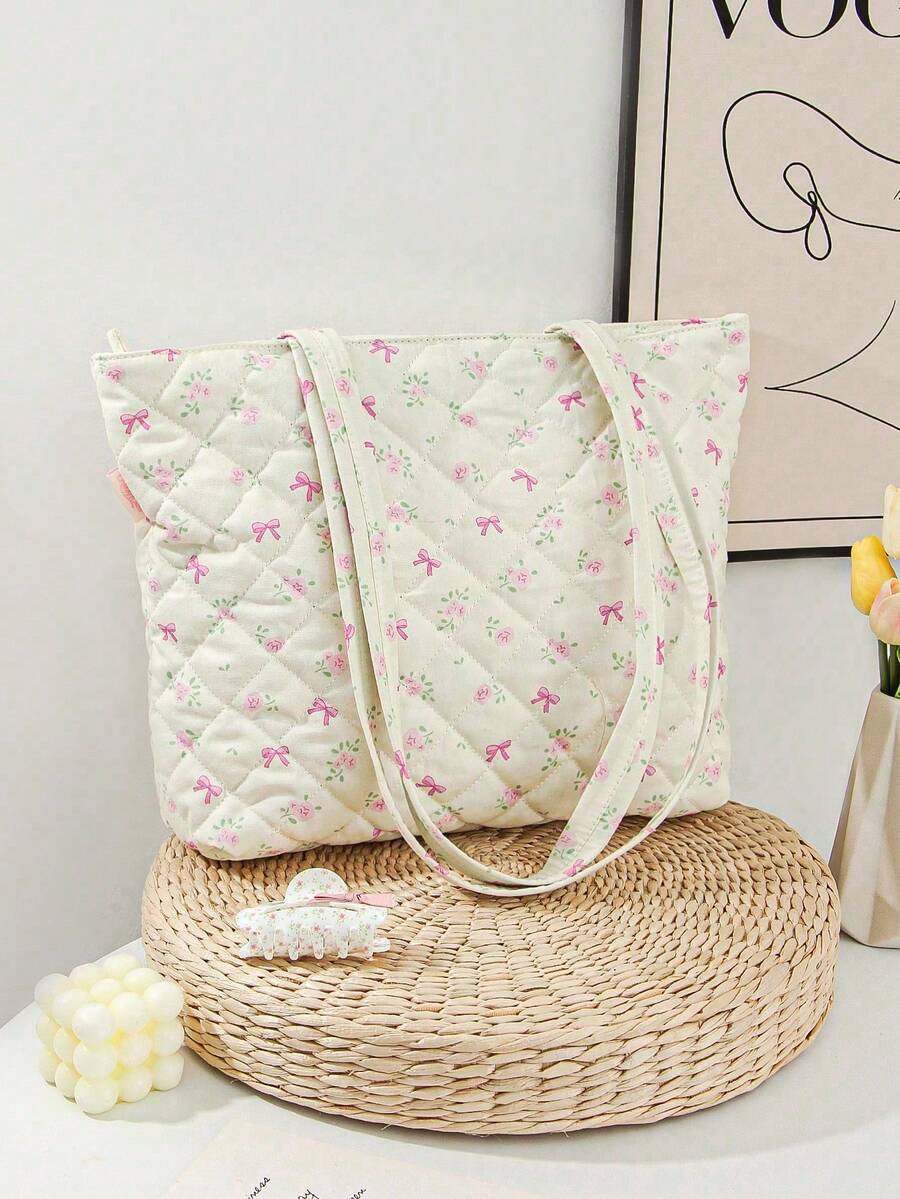 1 PC White Background With Pink Flowers, Versatile Tote Bag Travel Bag,Fashionable And Casual Large Capacity Portable Zipper Travel Bag Makeup/ Pack,Travel Storage Stationery Storage,Vacation Essentials Travel Bag Large,Travel Bags For Kids,Women,Headphones,Charger,Lipsticks,Cosmetics,Perfume,Skin Care And Beauty Products,Home Decor,For Mom,Nurses,Students,School Girls,Keys,Holiday Gifts - 白色 - 查看 1