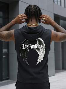 Áo hoodie không tay nam in họa tiết Gothic Los Angeles, hình cánh thiên thần và ác quỷ, áo tank top có mũ, phong cách thể thao đường phố thường ngày. - Xám - Xem 2