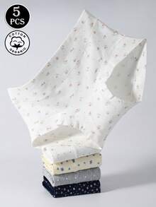 5pcs/Pack Women's Cotton Panties With Floral, Bow, Cute Design, Mid-Waist, Full Coverage, Seamless - Multicolor - View 5