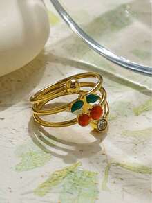 Mazuer 1 Peça Anel de Aço Inoxidável Banhado a Ouro 18K com Design Elegante de Cereja Multicamadas e Cristais, Presente de Joias para Mulheres, Adequado para Encontros e Uso Diário - Cereja 1243 - Visão 6