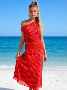 Women's Two-Piece Dress Set, Featuring A One-Shoulder Polka Dot Print Tank Top And A Fitted Long Skirt, Perfect For Elegant Party And Event Wear. - 紅色 - 查看 1
