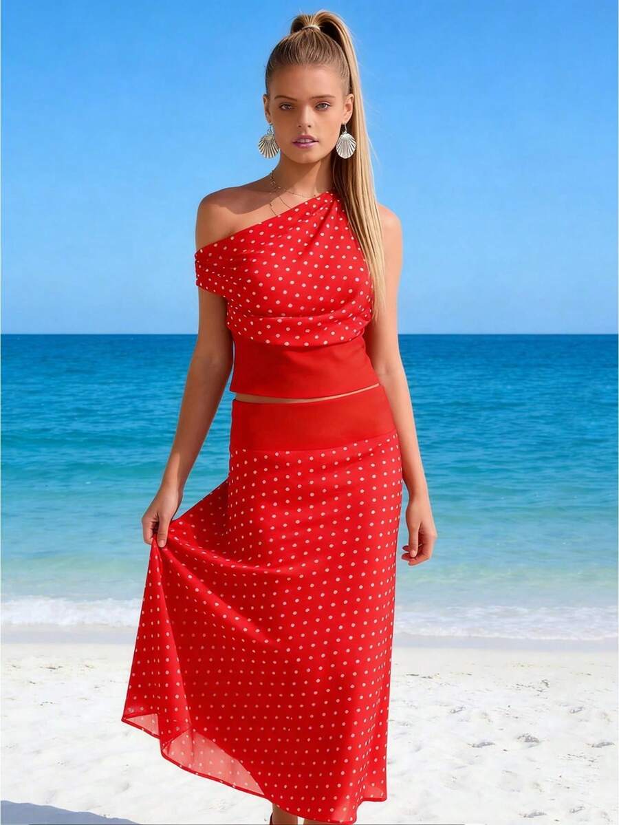 Women's Two-Piece Dress Set, Featuring A One-Shoulder Polka Dot Print Tank Top And A Fitted Long Skirt, Perfect For Elegant Party And Event Wear. - 紅色 - 查看 1