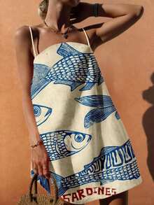 Starfish Bohemian Style Spring/Summer Beach Dress, Sardine & Letter Print Sleeveless A-Line Mini Dress, Women Brunch Set - Multicolor - View 3