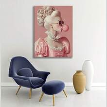 1幅复古泡泡糖肖像帆布画，帆布墙画，粉色复古海报，适用于办公室、学校、美术教室装饰，适合万圣节、单身派对、海滩派对、周年纪念日等场合，不含画框