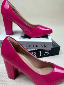 Women's Patent Leather High Block Heel Pump (9.5 Cm) Elegant And Comfortable Winter 2026 Black, Red, Nude, Pink, Blue, , Pink - 玫紅色 - 查看 4