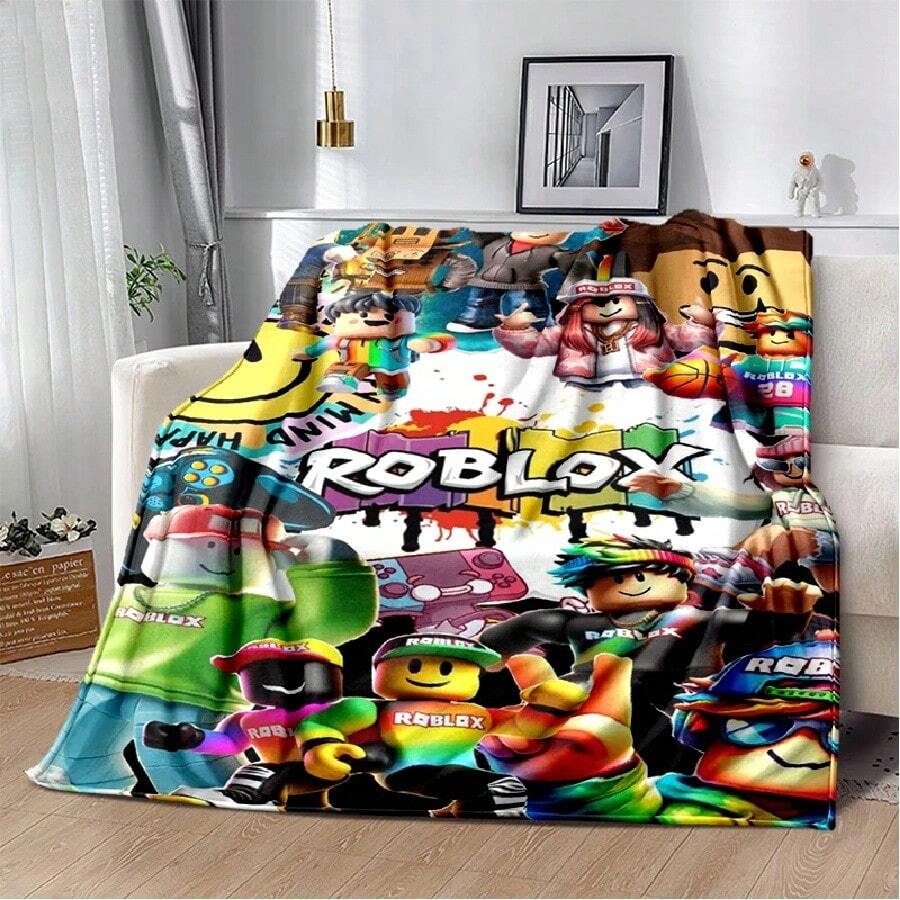 3D Cartoon R-Robloxs Game Flannel Blanket Soft Warm Throw Blanket For Bedroom Living Room Bed Travel Camping Picnic Gift(38).Jpg - 白色 - 查看 1