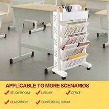 5-Tier Mobile Bookshelf, Rolling Bookcase, Movable File Folder Storage Cart With Wheels, Suitable For Home, Study, Office, Living Room, Classroom - Multicolor - View 7