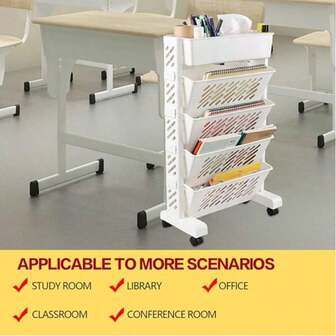 5-Tier Mobile Bookshelf, Rolling Bookcase, Movable File Folder Storage Cart With Wheels, Suitable For Home, Study, Office, Living Room, Classroom