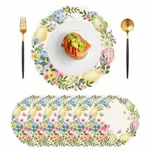 1 pezzo/4 pezzi/6 pezzi/12 pezzi Ghirlanda di uova di Pasqua, Tovaglietta rotonda primaverile di Pasqua, Decorazione da tavola stagionale per cucina e sala da pranzo, 38*38cm, Decorazione pasquale per la casa - Multicolore - Visualizzare 6