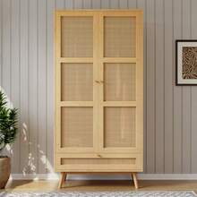 Wardrobe With Hanging Rail, 2-Door Wardrobe, Bedroom, Rattan Net, Living Room, With Bottom Flip-Top Lid, Chipboard + PE Rattan, Natural - Khaki - View 3