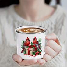 1个复古圣诞红雀珐琅马克杯 - 12盎司，饰有红雀、冬青树和礼物图案，经久耐用，适合咖啡/茶，居家、露营、野餐、旅行使用。 - 白色 - 查看 2
