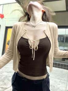 Set de 2 piezas: Chaqueta de cárdigan de punto sexy + Top de camisola con lazo, para primavera/verano