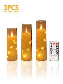 5pcs Set Of Flickering Flameless Candles With Star String Lights, Battery Operated Candles, Embedded LED Fairy Lights, Unbreakable Acrylic Candles With Remote Control, Suitable For Tabletop Centerpiece Decor For Christmas, Halloween, Wedding, Party, Holiday Atmosphere Lighting - Gold - View 14