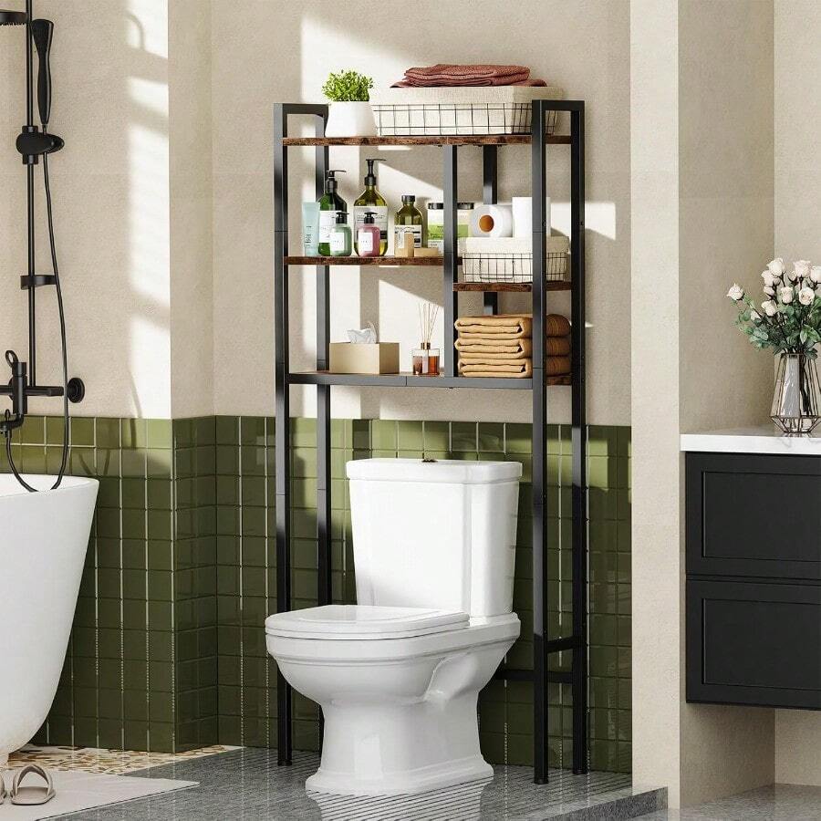 Over-The-Toilet Storage Rack, 3-Tier Bathroom Shelves Over Toilet, Above Toilet Storage, Behind Toilet Bathroom Organizer, Space Saver, Freestanding, Rustic Brown - Nâu mộc mạc + đen - Xem 1
