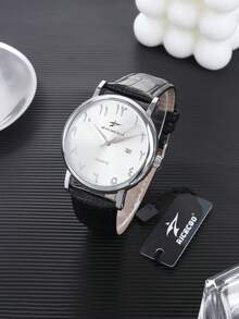 RICECGO 1pc Men's Quartz Watch, Round Dial With PU Leather Strap, Casual Date Display, Suitable For Daily Wear And Holiday Gifts