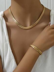 مجموعة مكونة من 2 قطعة: 1 قلادة و 1 سوار، بتصميم عصري أوروبي وأمريكي بسلسلة عريضة للترقوة، مصنوعة من الفولاذ المقاوم للصدأ، مجوهرات شخصية - الذهبي - مشاهدة 1