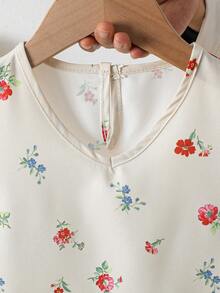 2件套女童夏季无袖V领荷叶边上衣和碎花裤休闲套装 - 杏色 - 查看 3