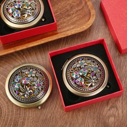 Brodark Espelho de maquiagem compacto dobrável vintage com strass, dupla face, redondo, com caixa de presente (cor do strass e estilo do espelho aleatórios), ideal para lembrancinhas de casamento, festas de aniversário, presentes para familiares, amigos, namorada e Dia das Mães.
