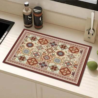 1pc Coffee-Colored Plaid Print Draining Mat, New Absorbent Kitchen Counter Drying Pad, Kitchen Utensil Drying Mat - Dish Drying Mat, Soft Diatomite Anti-Slip Quick-Dry Mat, Suitable For Kitchen Counter, Coffee Maker, Espresso Machine, Etc.