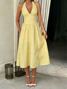 Vestido Elegante Amarelo Verão Férias na Praia Casual Festa Férias Sexy Decote V Profundo Halter Ajustado Longo Vestido da PoPoHouse - Amarelo - Visão 7