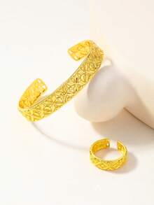 2pcs Fashionable Hollow Wheat Leaf Design Bracelet & Ring Set, Suitable For Daily Wear, Middle East Specific - Yellow Gold - View 8