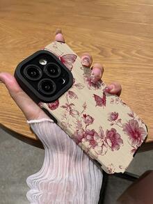 1个时尚粉色线性蝴蝶花朵印花纹理柔软保护手机壳，适合作为生日、节日礼物送给朋友、家人、情侣，适用于 17/17 Air/17 Pro/17 Pro Max、16/16 Plus/16 Pro/16 Pro Max、15/15 Plus/15 Pro