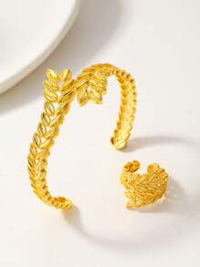 2pcs Fashionable Hollow Wheat Leaf Design Bracelet & Ring Set, Suitable For Daily Wear, Middle East Specific - Yellow Gold - View 12