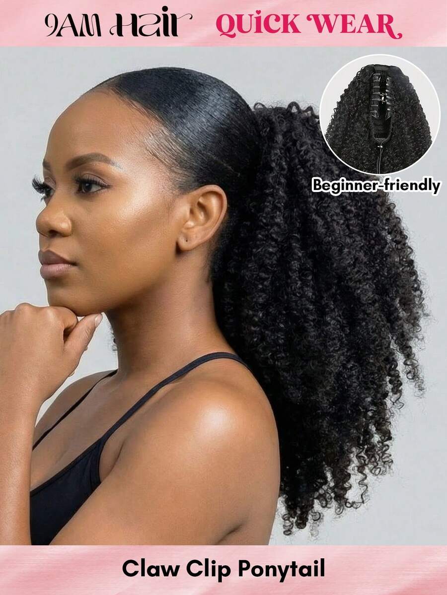 QUICK WEAR Curly Ponytail Human Hair Clip On Ponytail Claw Clip Ponytail Extension Drawstring Ponytail Extension Human Hair Afro Kinky Curly Ponytail Hair Piece VOLUMIZED Curly Pony Tail Clip In Hair Extensions For Women Deep Curly Ponytail Extension Human Hair - SNatural - View 1