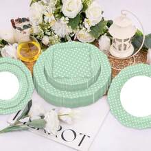 60PCS Light Green Scalloped Paper Plates - 7 Inch And 9 Inch Pastel Dessert Plates Dot Pattern Snack Plates Disposable 300gsm -Friendly Scallop Plates For Parties Weddings Picnics - Chấm xanh - Xem 6