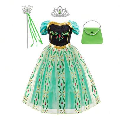 4pcs/Set Girls Green Floral Print Dress, Wig, Crown, Magic Wand, Handbag Costume Set, Children Christmas, Halloween, Carnival Party Cosplay Outfit
