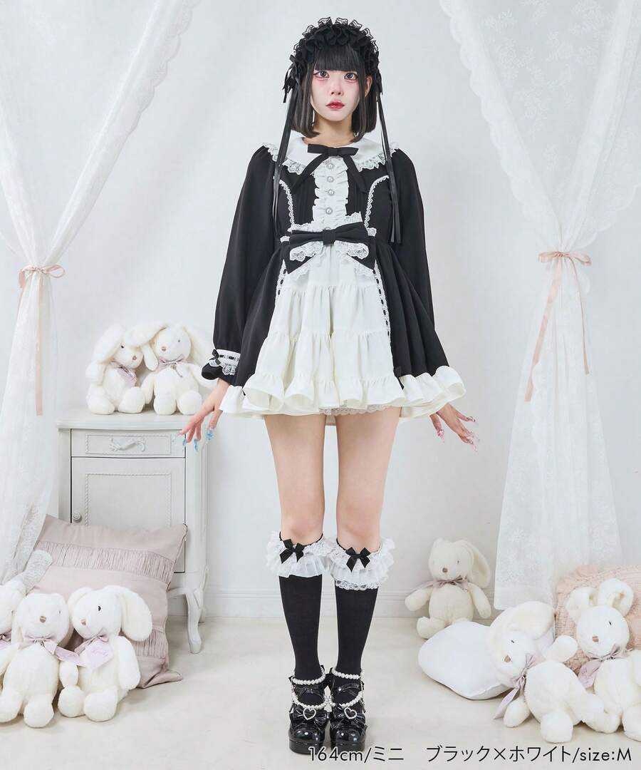 Women's Princess Lace Dress With Bowknot Decor And Ruffle Hem - Black and White - View 1