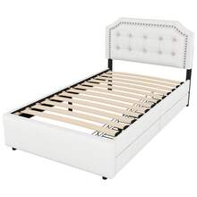 Cama tapizada con 2 cajones y cabecero elegantemente curvado con tachuelas decorativas. - Beige claro - Ver 8