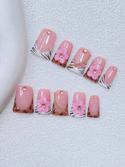 10片装Y2K风鸭嘴美甲贴片套装 - 手工制作，包含棕色美甲贴片、粉色美甲贴片、棕色法式美甲贴片、手工3D立体花朵美甲贴片、3D粉色花朵美甲贴片、手绘豹纹和斑马纹图案、闪亮金色水钻美甲贴片
