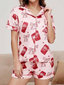 2 Stücke Damen Valentinstag Polka Punkt Schleife Herz Muster Kurzarm Shorts Pyjama Set, romantischer roter Saum Strick Top mit offener Knopfleiste, Elastikbund Hose, geeignet für alle Jahreszeiten als lässige Loungewear - Pink - Übersicht 5