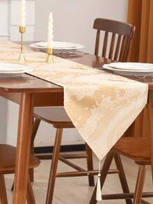 1 chiếc khăn trải bàn trang trí màu vàng, chất liệu giả lụa dệt jacquard, trang trí bàn ăn/phòng khách, có tua rua, họa tiết trừu tượng cổ điển kiểu nhà nông thôn. - Màu be - Xem 5