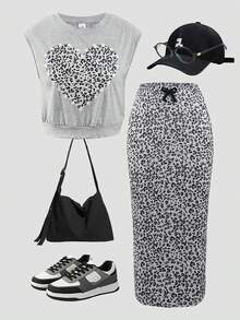 13-16岁少女豹纹爱心印花两件套，无袖豹纹爱心图案上衣和豹纹迷你裙套装 - 灰色 - 查看 2