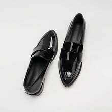 4cm Thick Heel Women's Loafers, Black PU Leather Glossy Business Office Work Slip-On Shoes, Matte Black - glossy black - View 1