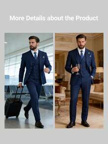 2026 Trending Men's 3-Piece Suit Set - Peak Lapel Blazer, Vest & Dress Pants | Classic Solid Formal Wear For Wedding Guest, Business & Prom (Easy-Care Poly-Viscose Blend) - 藍色 - 查看 3