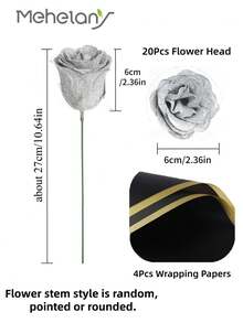 MEHELANY 20支/套 2.76英寸闪光玫瑰花束，DIY人造闪光花束，银色假玫瑰，人造玫瑰，永不凋谢的闪亮人造玫瑰花束，适合周年纪念、订婚、结婚礼物、家居装饰、办公室厨房装饰、派对装饰、房间装饰、情人节装饰、母亲节装饰、送给女友、妈妈、女士的生日礼物（含包装纸）