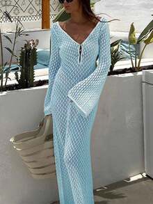 Crochet Deep V-Neck Women's Fashion Elegant Sexy Minimalist Solid Color Casual Knit Dress, Suitable For Beach, Music Festival, Wedding Season, Vacation Summer - Light Blue - View 4