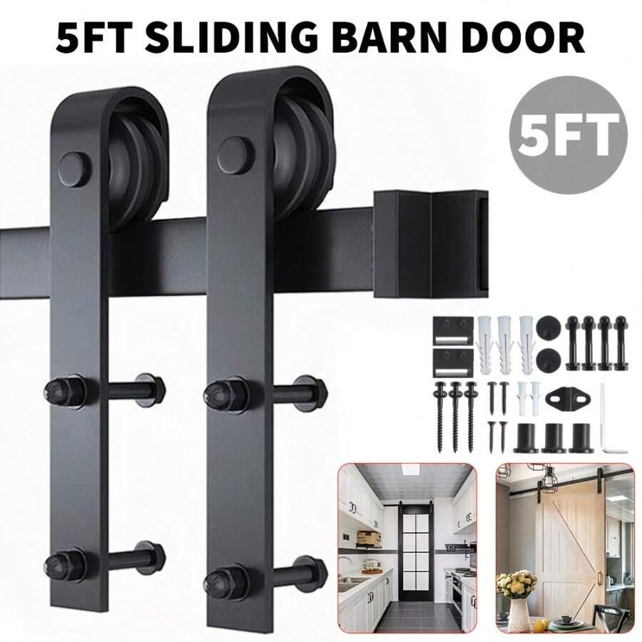 1pc Black Heavy Duty Sturdy Sliding Door Track Hardware Kit, Smooth And Quiet, Easy To Install - 1 Set Of Black - View 1