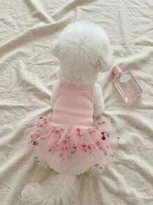 PETSIN 1 件针织网眼拼布宠物狗公主裙，优雅粉色樱桃印花吊带背心裙，适合小型犬 - 粉色 - 查看 4