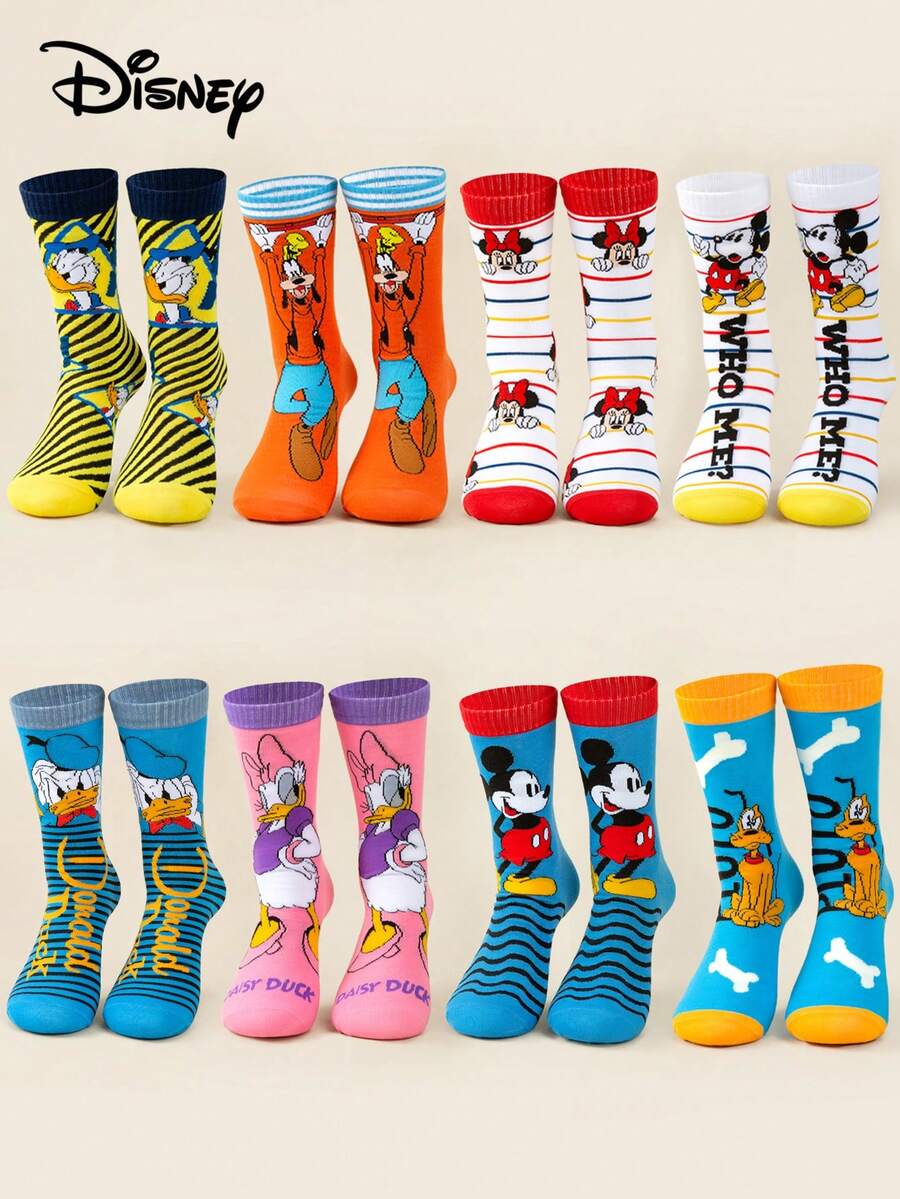 Disney 迪士尼 1/3/5 双装 春夏迪士尼经典角色（唐老鸭/高飞/米妮/米奇/黛丝/布鲁托）大胆波普艺术风格混搭图案条纹弹力透气船袜 日常休闲/国际妇女节/圣帕特里克节迪士尼角色袜 柔软舒适时尚袜 青少年及成人 - 彩色 - 查看 1