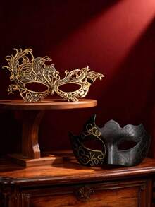 2pcs Couple Masquerade Masks, Fashionable High-End Gold Mask Set, Venetian Party Half Face Mask, Christmas Halloween Party Masks, Carnival Cosplay Decorative Masks For Men And Women - Multicolor - View 2