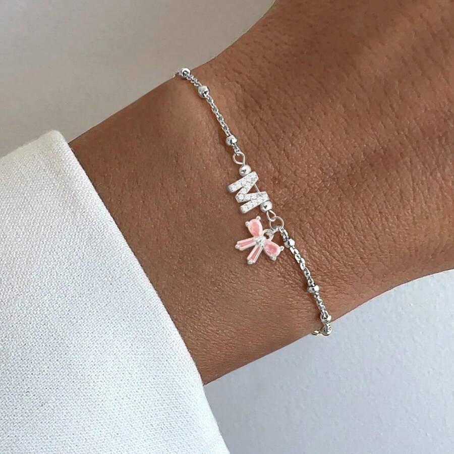 1pc New Classic Letter & Bow Stainless Steel Beaded Chain Bracelet, Women - Silver - View 1