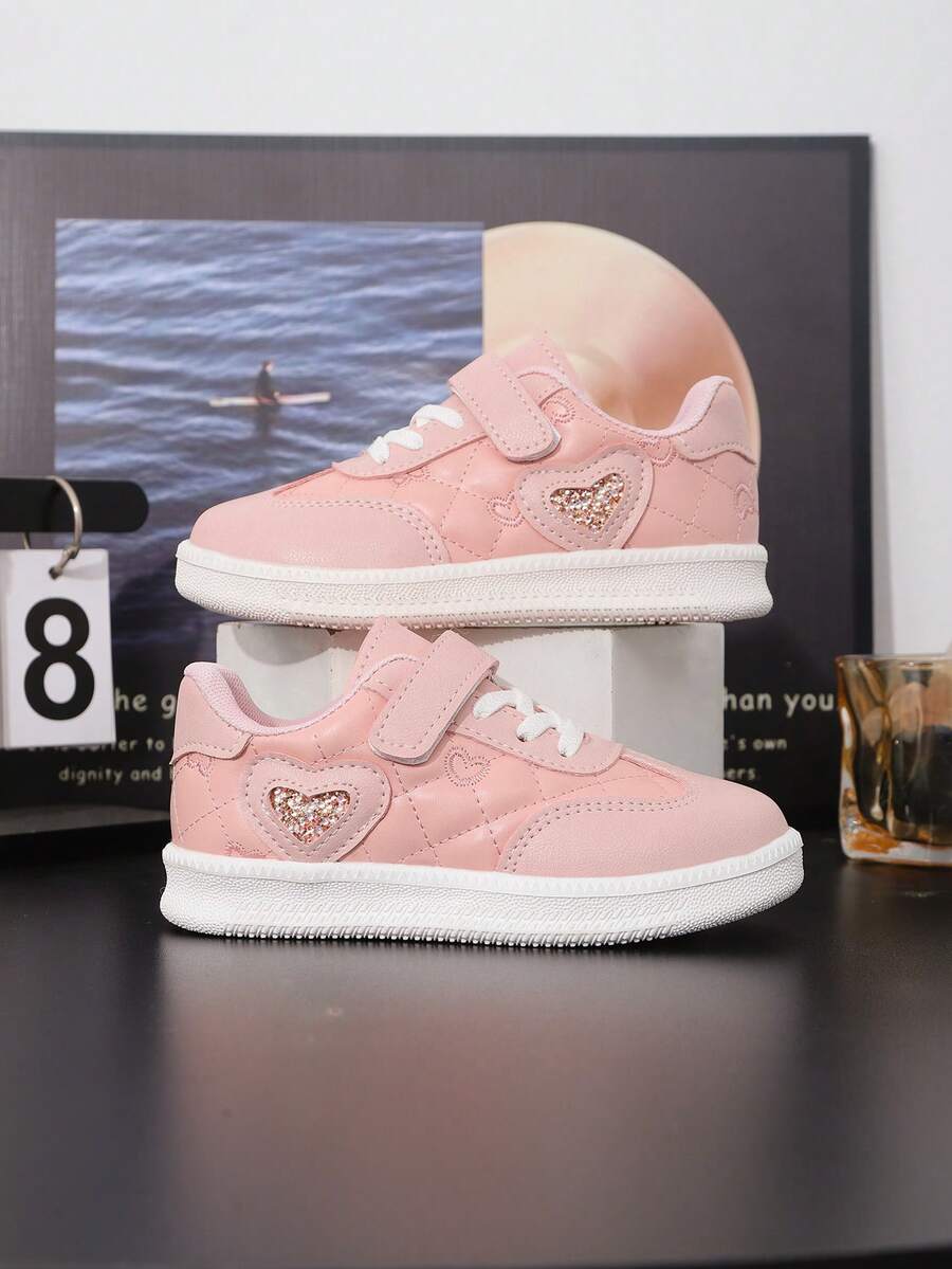 1 par de zapatos deportivos casuales para niñas, color rosa, zapatillas de moda versátiles de caña baja, suela de goma antideslizante y suave, diseño de cierre con , fácil de poner, adecuados para la escuela y salidas diarias - Rosa - Ver 1