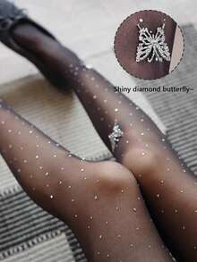 1pc Sweet Butterfly Rhinestone White Stockings, Thin Girl Anti-Snag Pantyhose, Handmade Rhinestone Butterfly White Stockings, Minimalist Sexy Y2K Babe Pantyhose, Black & White Sheer Stockings - Multicolor - View 3