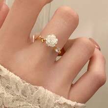 1pc Thorny Camellia Flowers Open Ring For Women, Sweetheart Style, Original Design, Rose Shaped, Adjustable Bff Matching Rings For Sisters Valentines,Mom,Mother,Mother's Day,Gift - 金黃色 - 查看 11